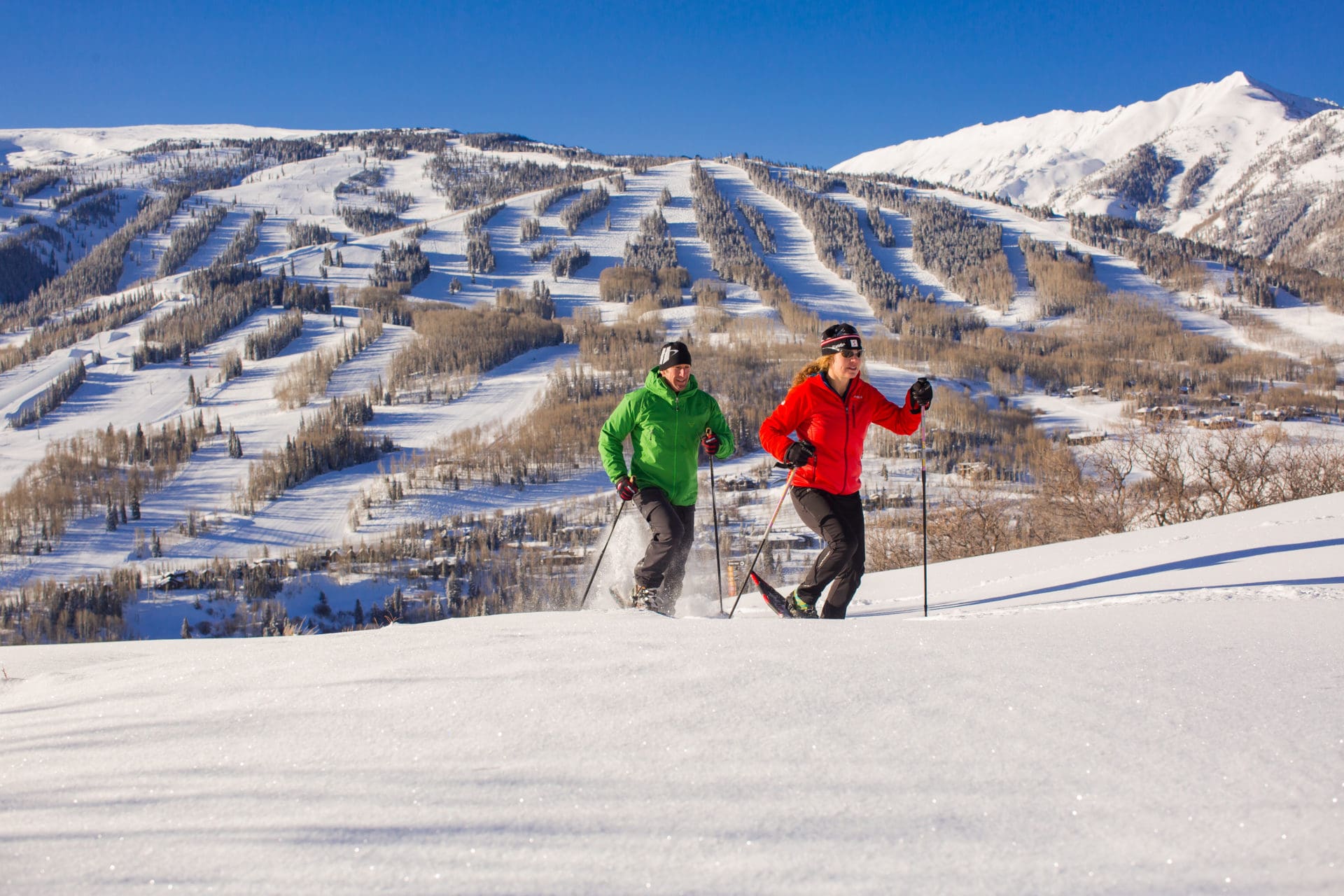 Snowshoers hiking uphill