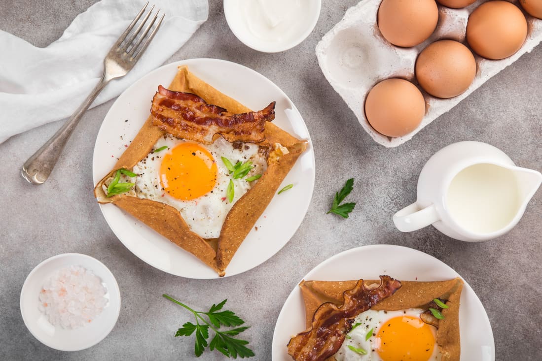 Breakfast crepes on a table