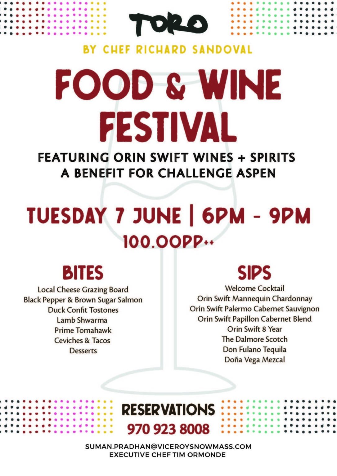 Events Calendar Toro Food & Wine Festival for Challenge Aspen